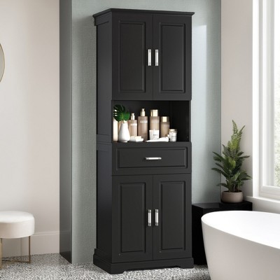 Tall Bathroom Cabinet with Four Doors, Large Storage Space Open Shelve, Upper Storage Cabinet - Leovsnove