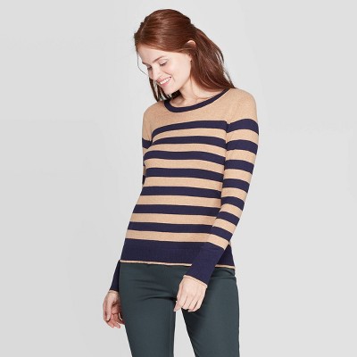 Women's Striped Ribbed Cuff Crewneck Pullover Sweater - A New Day™ Navy S
