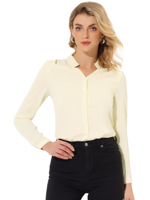 Allegra K Women's Elegant V Neck Work Office Button Up Shirt Beige Small :  Target