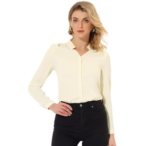 Allegra K Women's Elegant V Neck Work Office Button Up Shirt - 1 of 4