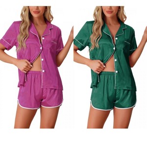 INSPIRE CHIC Women's 2 Pcs Satin Pajamas Silky Short Sleeve Button Down Pajama Sets - 1 of 4