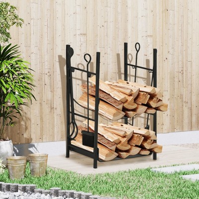 Black Powder-Coated Steel 2-Tier Firewood Storage Rack with Tools
