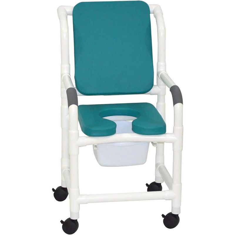 MJM International Corporation Shower chair 18 in internal width 3 in BLUE front seat cushion padded back 10 qt slide out commode pail 300 lbs wt, 1 of 2