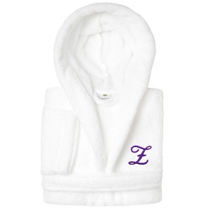 Personalized Linum Kids 100% Polyester SUPER PLUSH Double Brushed Hooded Bathrobe in Purple Script Font - 1 of 3