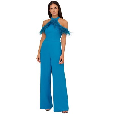 Adrianna Papell Womens Feather Trim Halter Wide Leg Jumpsuit