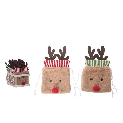 Transpac Polyester 10.25 in. Multicolor Christmas Reindeer Treat Sack in Crate Set of 12