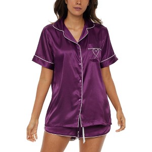 ADR Womens Satin Pajamas Set, Silk like Short Sleeve Top and Shorts with Pockets - 1 of 4
