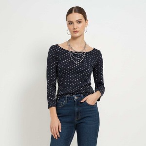 Cherie Code Women’s Polka‑Dot Long‑Sleeve Tee – Navy Dot Print Scoop Neck Casual Top - 1 of 4