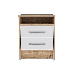 Gulches Cartiz 2-Drawer Nightstand, White/Light Oak Particle Board Bedside Table with Metallic Handles & Open Shelf, Compact Design for Bedroom - 1 of 4