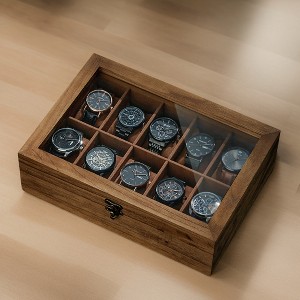 Rustic Walnut Watch Box, 10-Slot Solid Wood Organizer with Glass Lid, Display Case, Removable Pillows - Perfect Gift for Loved Ones - 1 of 3
