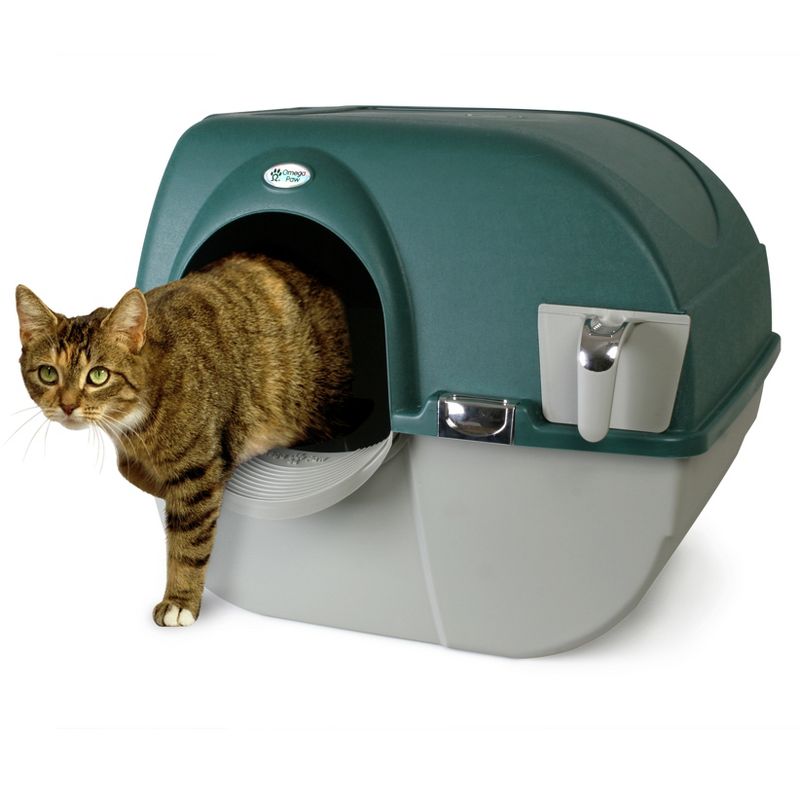 Omega Paw Roll'n Clean Unique No Scoop Self-Cleaning Home Cat Litter Box, Green & Omega Paw Paw Cleaning Litter Box Mat for Cats, Grey, 5 of 7