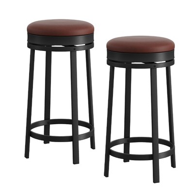 WhizMax 24'' Swivel Bar Stools with Footrest, Counter Height Barstools with PU Leather Upholstered and Metal Frame, Backless Round Bar Stools, Brown