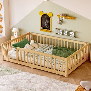 Hrinhom Full Size Bed Floor Bed with Safety Guardrails and Door for Kids - 1 of 4