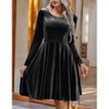 Coolmee Women's Velvet Midi Dresses Casual Crew Neck Long Sleeve Dresses Solid Color Waisted Pleated Flowy Evening Party Gown 2XL Black - 4 of 4