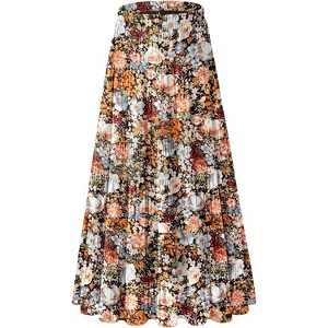 Women's 2025 Boho Chiffon Maxi Skirt - Flowy Pleated A-Line Long Skirt with Elastic Waist Coffee Floral-24 - 1 of 4