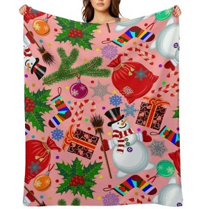Christmas Snowmen Presents On Pink Christmas Throw Blanket Soft Fleece Christmas Blanket Cozy Flannel Throw for Couch Bed 60x80 inches - 1 of 1