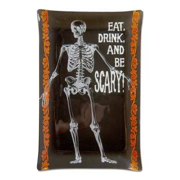 tagltd Eat, Drink, and Be Scary! Skeleton Halloween Themed Glass Serving Platter, 7.5L x 11.7W"