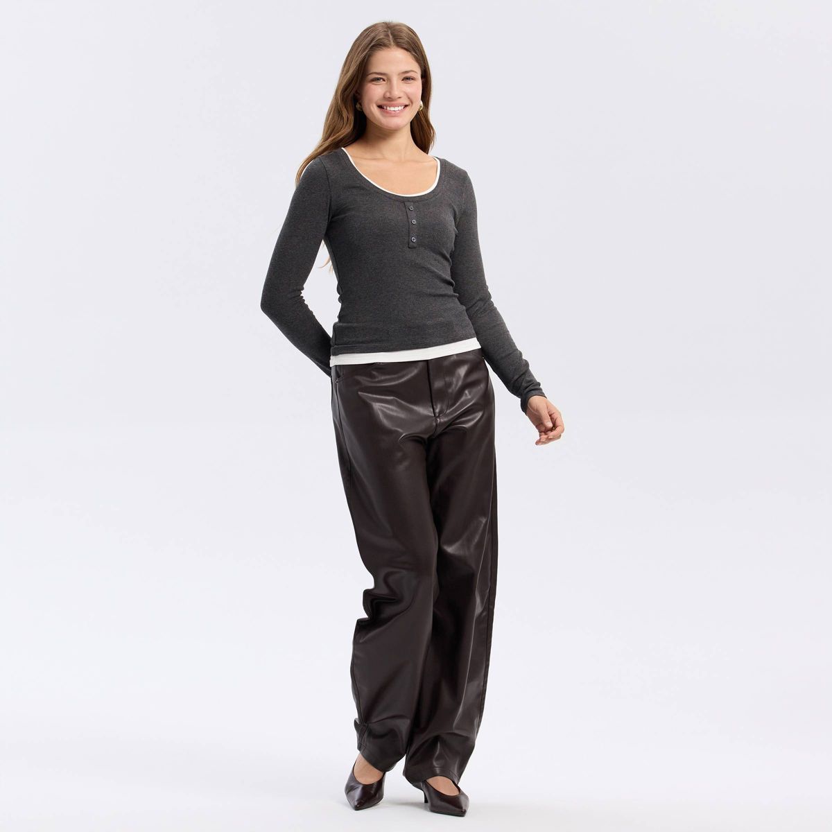 Women's Long Sleeve Contrast Ribbed Henley Top - A New Day™ - thumbnail 3