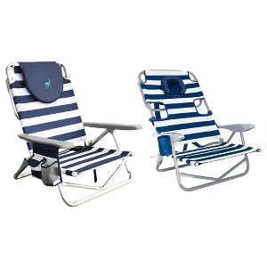 Ostrich On-Your-Back Sand Chair with Zippered Side Pocket and On-Your-Back Outdoor 5-Position Reclining Beach Chair with Backpack Strap, Striped Blue - 1 of 4