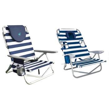 Ostrich On-Your-Back Sand Chair with Zippered Side Pocket and On-Your-Back Outdoor 5-Position Reclining Beach Chair with Backpack Strap, Striped Blue