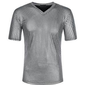Lars Amadeus Men's Metallic Shiny Nightclub V-Neck Short Sleeve Disco T-Shirt - 1 of 4