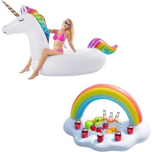 Jasonwell Giant Inflatable Unicorn Pool Float – 3X-Large Rideable Summer Float for Kids & Adults & Inflatable Rainbow Drink Holder for Pool Party - 1 of 4