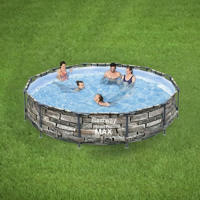 12ft Stone Print Steel Frame Round Above Ground Pool with Filter Pump