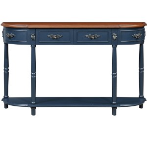 Gulches Retro Curved Wood Console Table 52 inch Circular Half Moon Sofa Table with Open Shelf and 2 Drawers Navy Blue Brown Top - 1 of 4