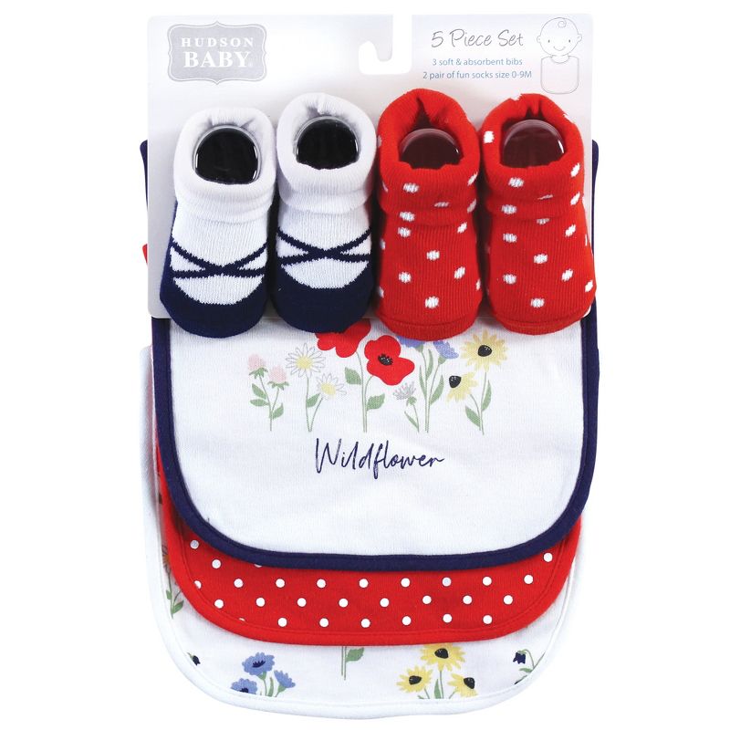 Hudson Baby Infant Girl Cotton Bib and Sock Set, Wildflower, One Size, 3 of 7