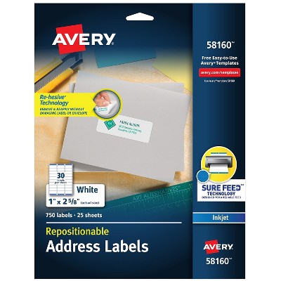 Avery Repositionable Address Labels Inkjet/Laser 1 x 2 5/8 White 750/Box 58160