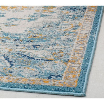 Ivory and Blue Rectangular Synthetic Vintage Area Rug, 5' x 7'