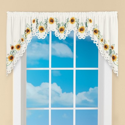 White Polyester Embroidered Sunflower Rod Pocket Window Swags