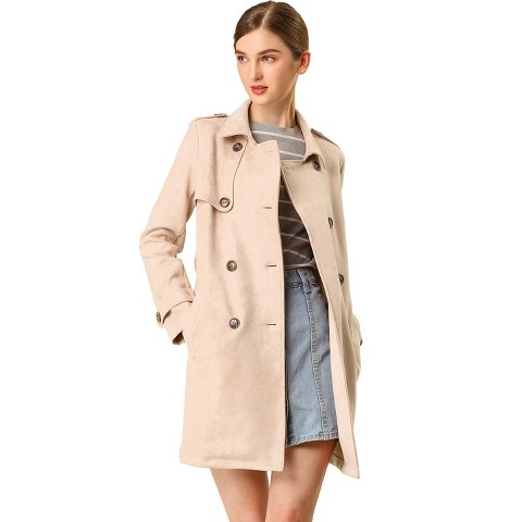 Allegra K Women's Faux Suede Notched Lapel Double Breasted Trench Coat with Belt Large Apricot