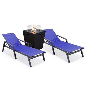 LeisureMod Marlin Patio Lounge Chairs with Arms and Fire Pit Side Table - Black Trim, Set of 2 - 1 of 4