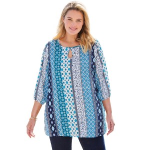 Woman Within Women's Plus Size Keyhole Three-Quarter Sleeve Blouse - 1 of 2