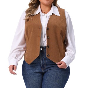 Women's Plus Size Corduroy Button Down V-neck Sleeveless Waistcoat Business Casual Vest - Agnes Orinda - 1 of 4
