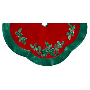 Kurt Adler 48-Inch Velvet Red with Green Leaves Applique Tree skirt - 1 of 4