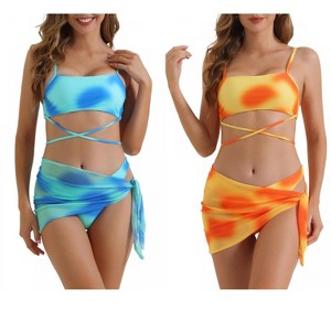INSPIRE CHIC Women's Adjustable Spaghetti Straps Strappy Triangle Bottoms with Mesh Skirt Bathing Bikini Suit 2 Sets - 1 of 4