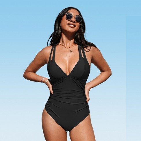 We Are We Wear deep plunge swimsuit with mesh insert in black