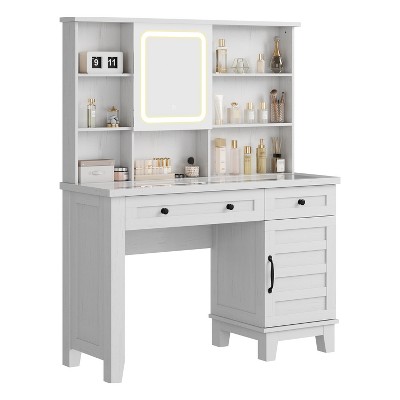 Vanity Desk with Mirror and Adjustable Lights, Makeup Vanity Desk with Drawers, Built-in Power Outlet & USB, Makeup Table for Bedroom