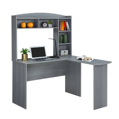 Modern Gray L-Shaped Desk with Hutch and Storage