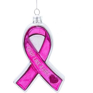 Kurt Adler Glass Ornament for Christmas Tree, Susan G. Komen Pink and Silver "Fight Like A Girl" Ribbon, 4" - 1 of 3