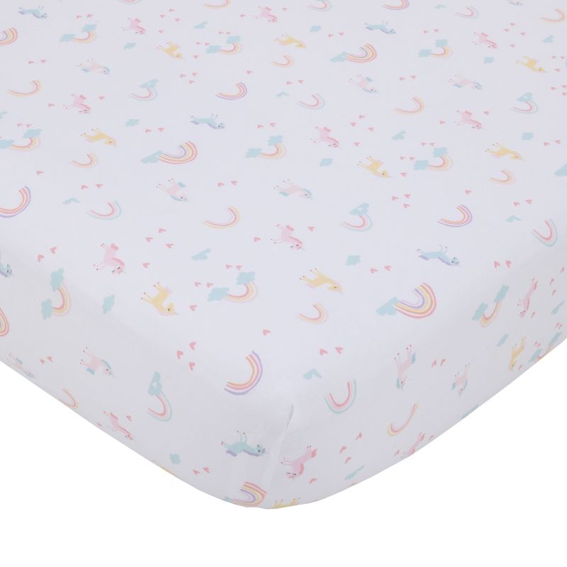 Little Love by NoJo Rainbow Unicorn Pink, Aqua, Yellow and White Fitted Crib Sheet, 1 of 3