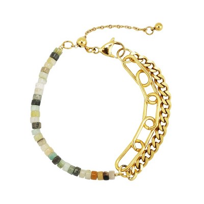 Slate by Rebl Genuine Beads & Chain Bracelet  Split Paperclip & Cuban Chain, 18K Gold Plated Stainless Steel