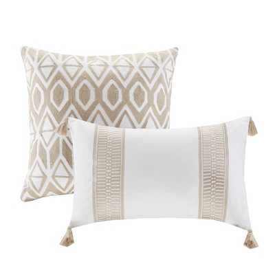 Cream Embroidered Cotton Oblong Decorative Pillow with Tassels