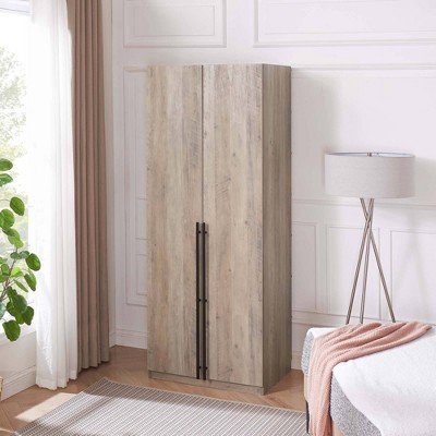 Rustic Gray 2-Door Hinged Wardrobe Closet with Metal Handles