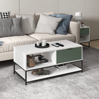Watson White and Green Rectangular Wood Coffee Table with Storage
