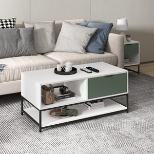 HOMLUX Modern Coffee Table Living Room Furniture with Open Shelves & Storage Drawer,White&Green - 1 of 4