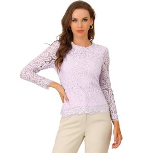 Allegra K Women's Lace Long Sleeve Keyhole Back Ruffle Neck Floral Blouse - 1 of 4