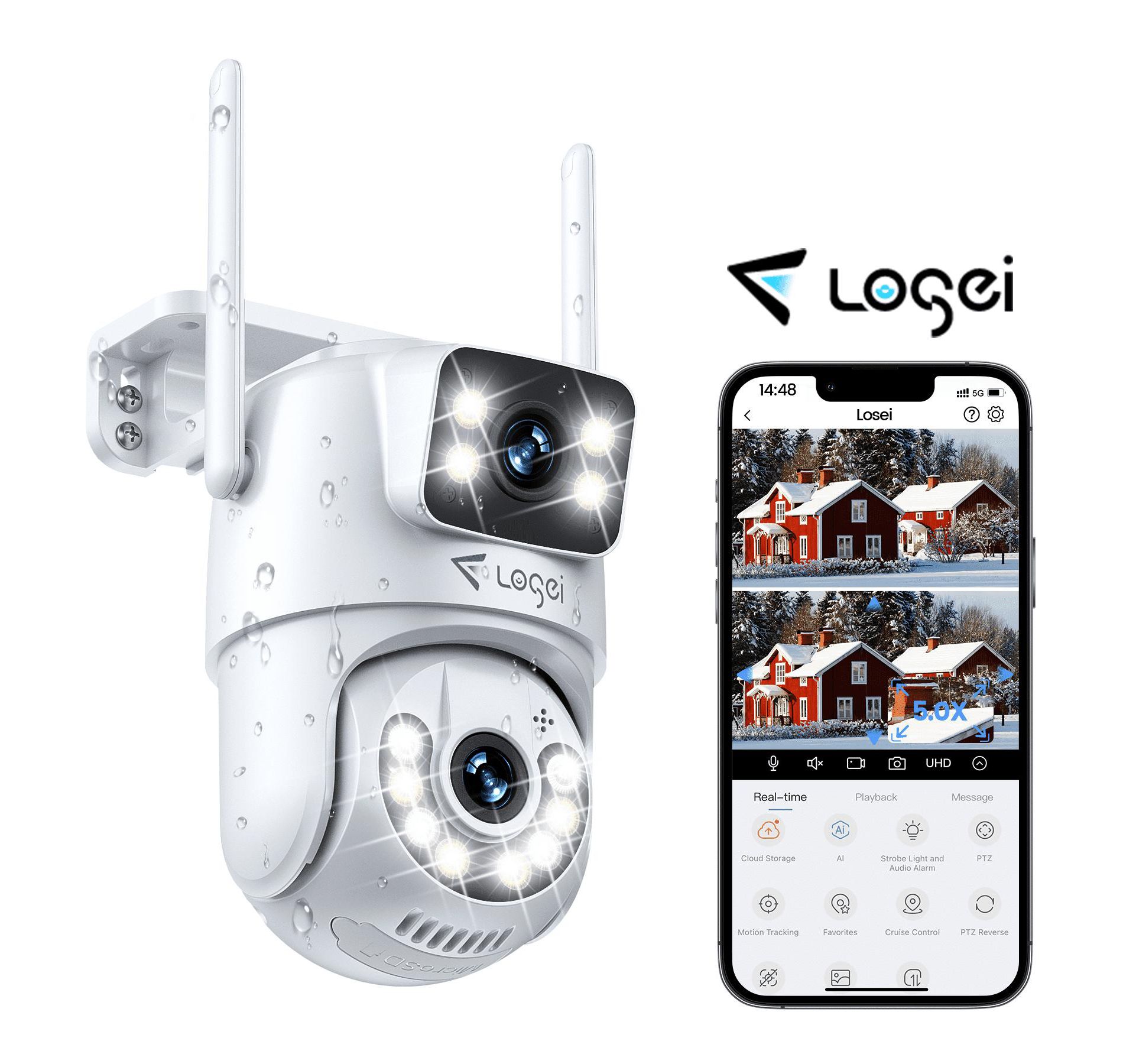 Losei 8MP/4K Outdoor Smart Security Camera with Light Alarm,Color Night Vision,2.4G WiFi,Motion Detection,IP66 Weatherproof , 360° View